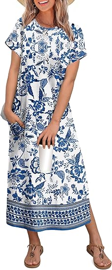 Womens Maxi Dresses Casual Short Sleeve Long T Shirt Dress with Pockets Travel Vacation Outfits