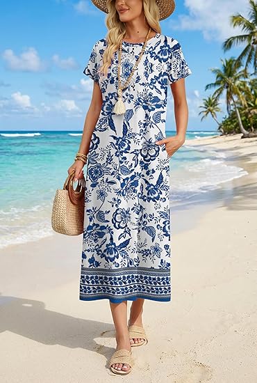 Womens Maxi Dresses Casual Short Sleeve Long T Shirt Dress with Pockets Travel Vacation Outfits