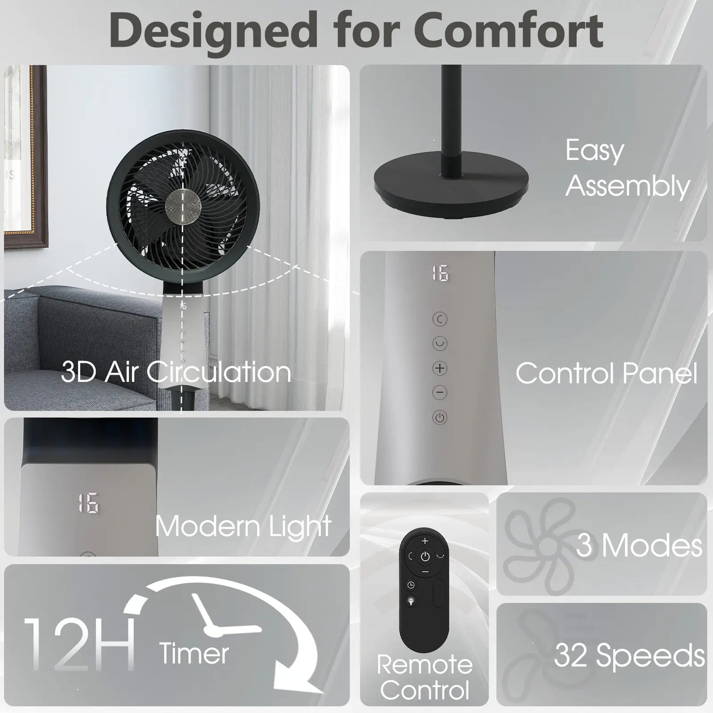 Pedestal Fan for bedroom, 90ft High Velocity Pedestal Fan for Large Rooms & Garages, 32 Speeds 3 Modes, Oscillating with Remote, 12H Timer – for Bedroom Living Office